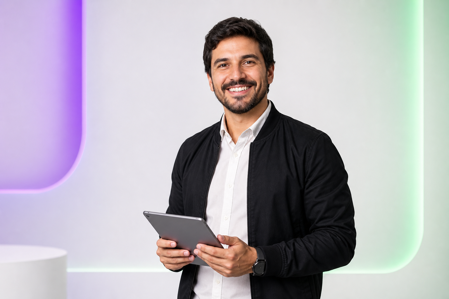 Profissional segurando tablet em ambiente tecnológico